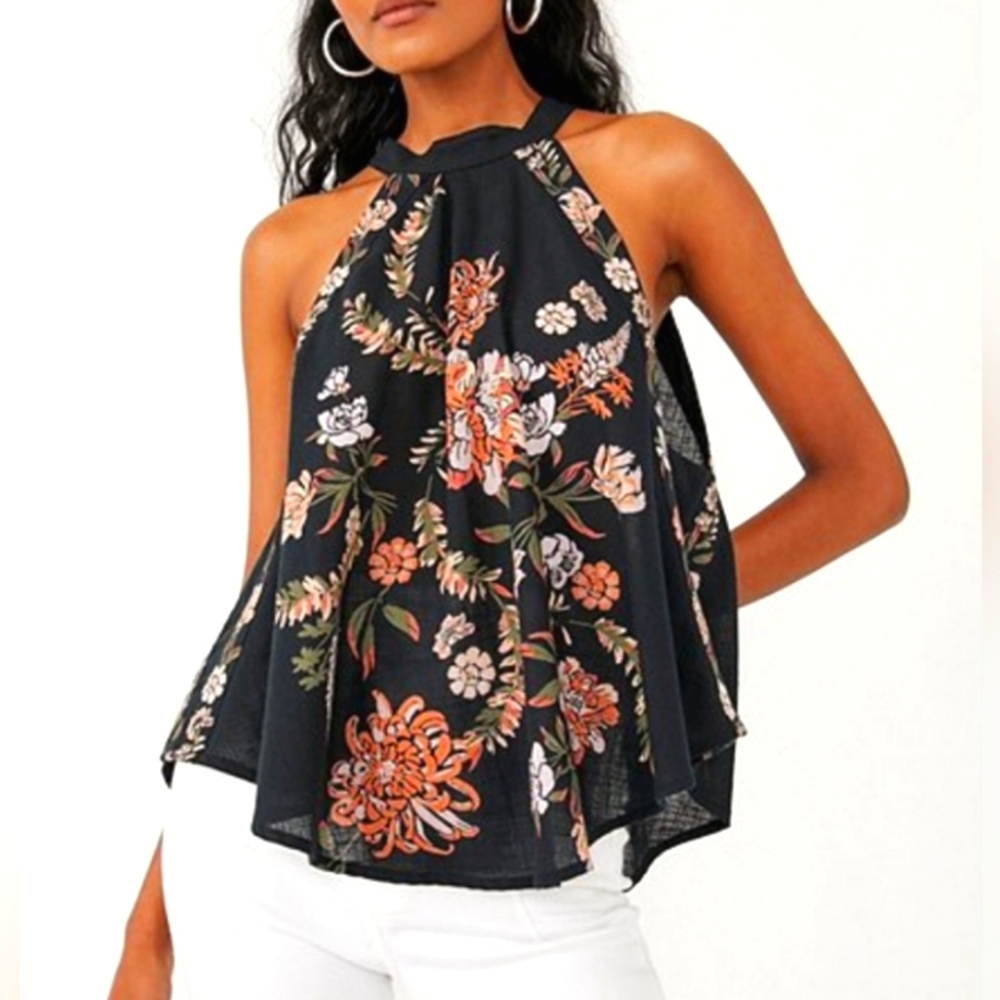 Free People Black Floral Halter Top